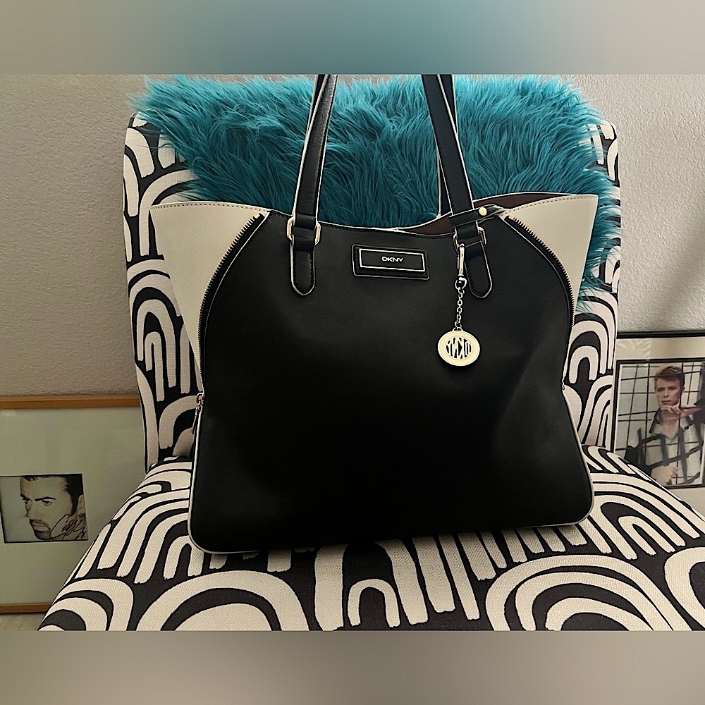 DKNY Leather LARGE MONOCHROME BLACK WHITE GOLD Tote Attached Zip Pouch + Dustbag